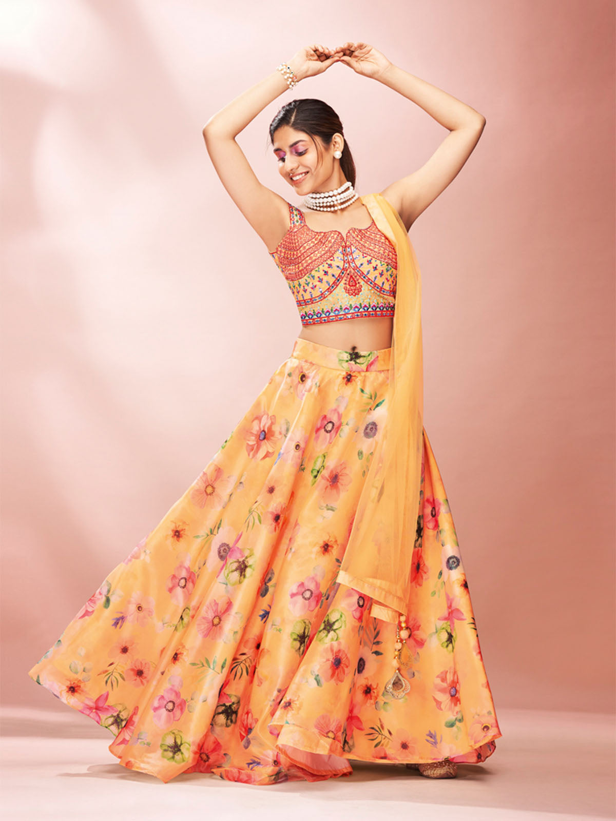 Odette Yellow Printed Organza Stitched Lehenga With Blouse For Women