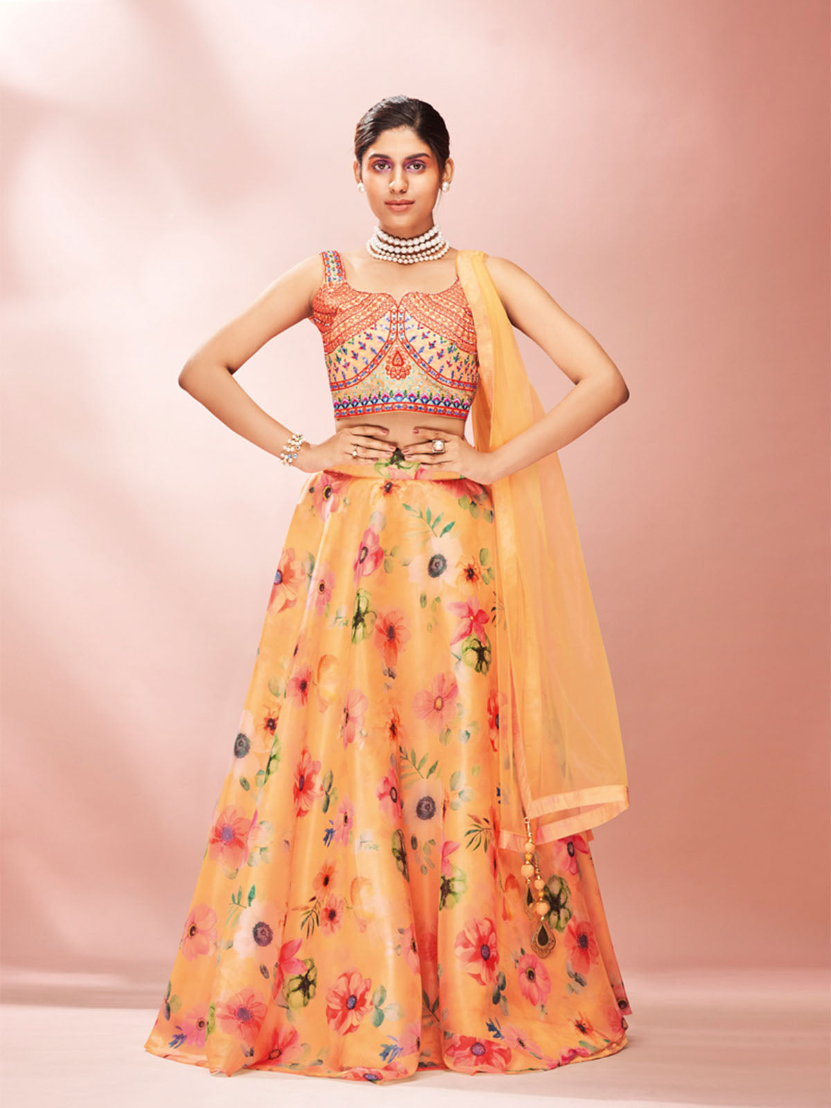Odette Yellow Printed Organza Stitched Lehenga With Blouse For Women