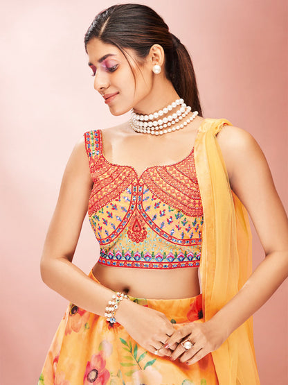 Odette Yellow Printed Organza Stitched Lehenga With Blouse For Women