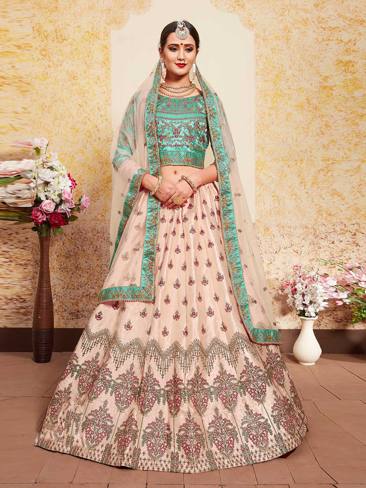 Odette Women Peach Elegant Semi Stitched Lehenga With Unstitched Blouse