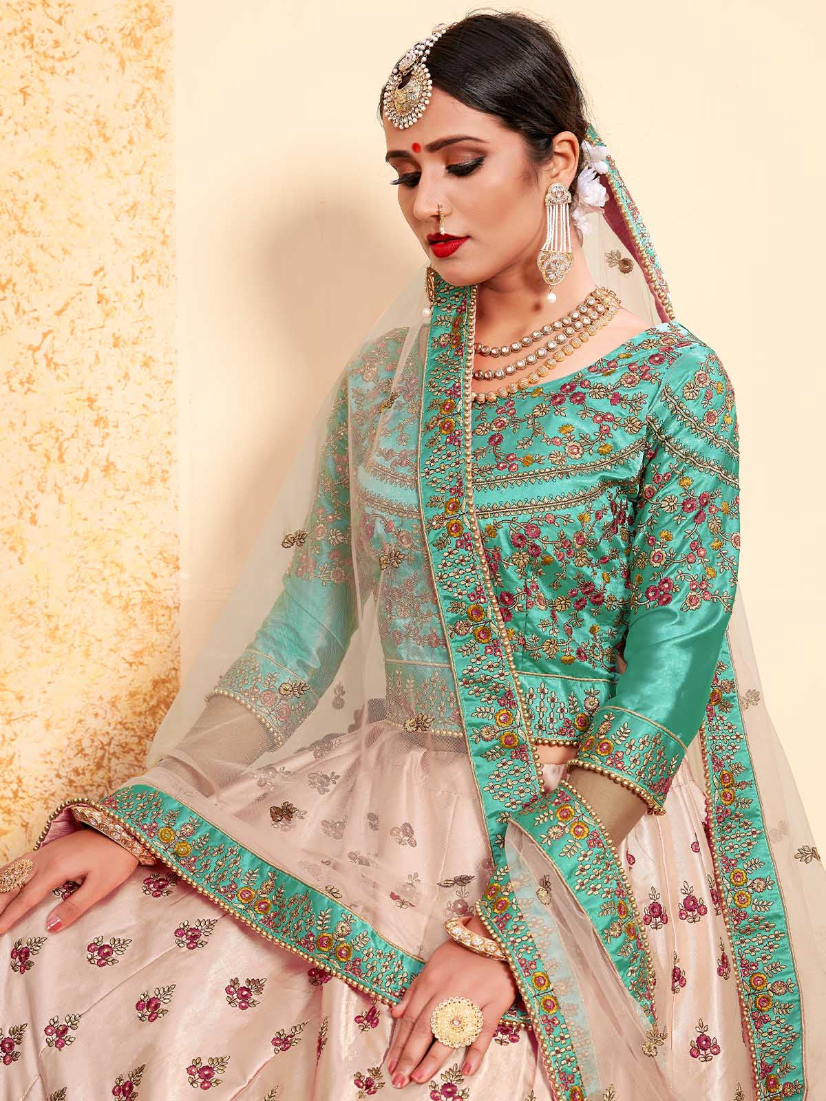 Odette Women Peach Elegant Semi Stitched Lehenga With Unstitched Blouse