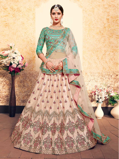 Odette Women Peach Elegant Semi Stitched Lehenga With Unstitched Blouse