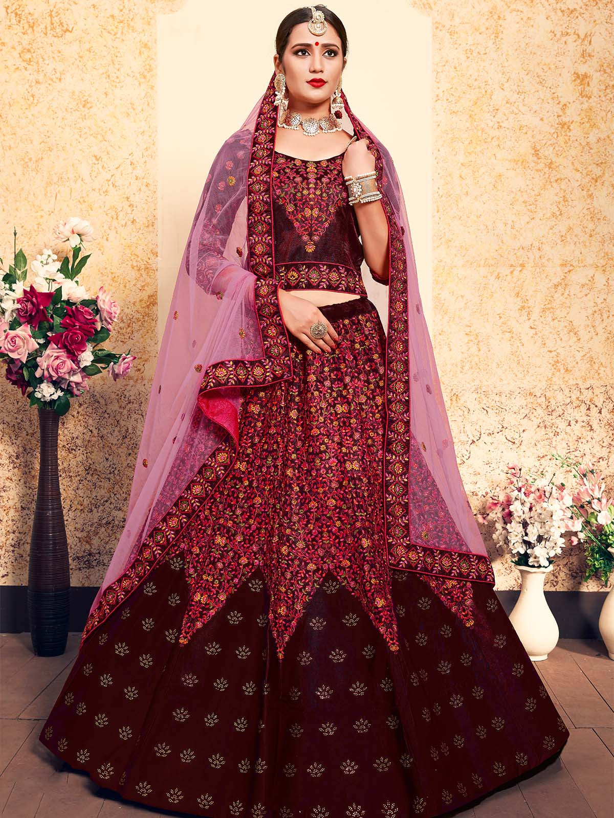 Odette Women Embroidered Modern Maroon Semi Stitched Lehenga With Unstitched Blouse