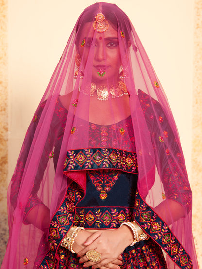 Odette Women Dark Blue Designer Semi Stitched Lehenga With Unstitched Blouse