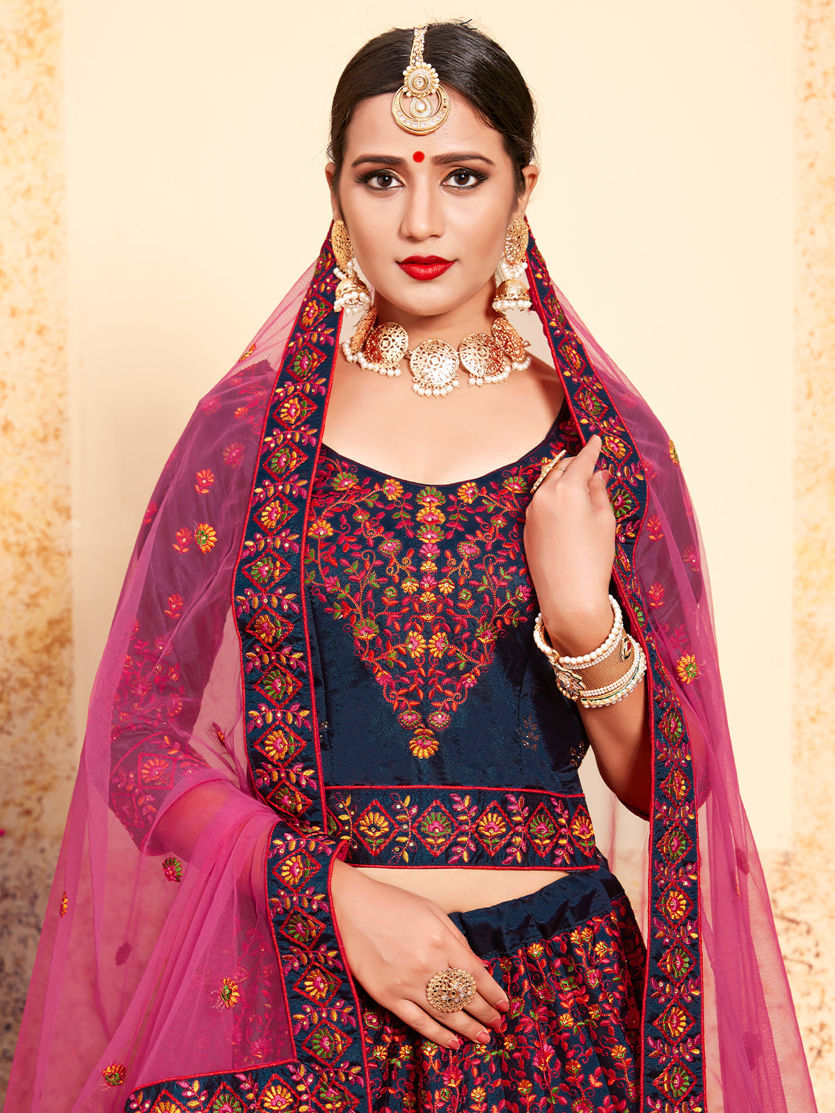 Odette Women Dark Blue Designer Semi Stitched Lehenga With Unstitched Blouse