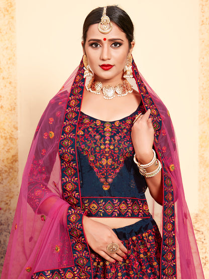 Odette Women Dark Blue Designer Semi Stitched Lehenga With Unstitched Blouse