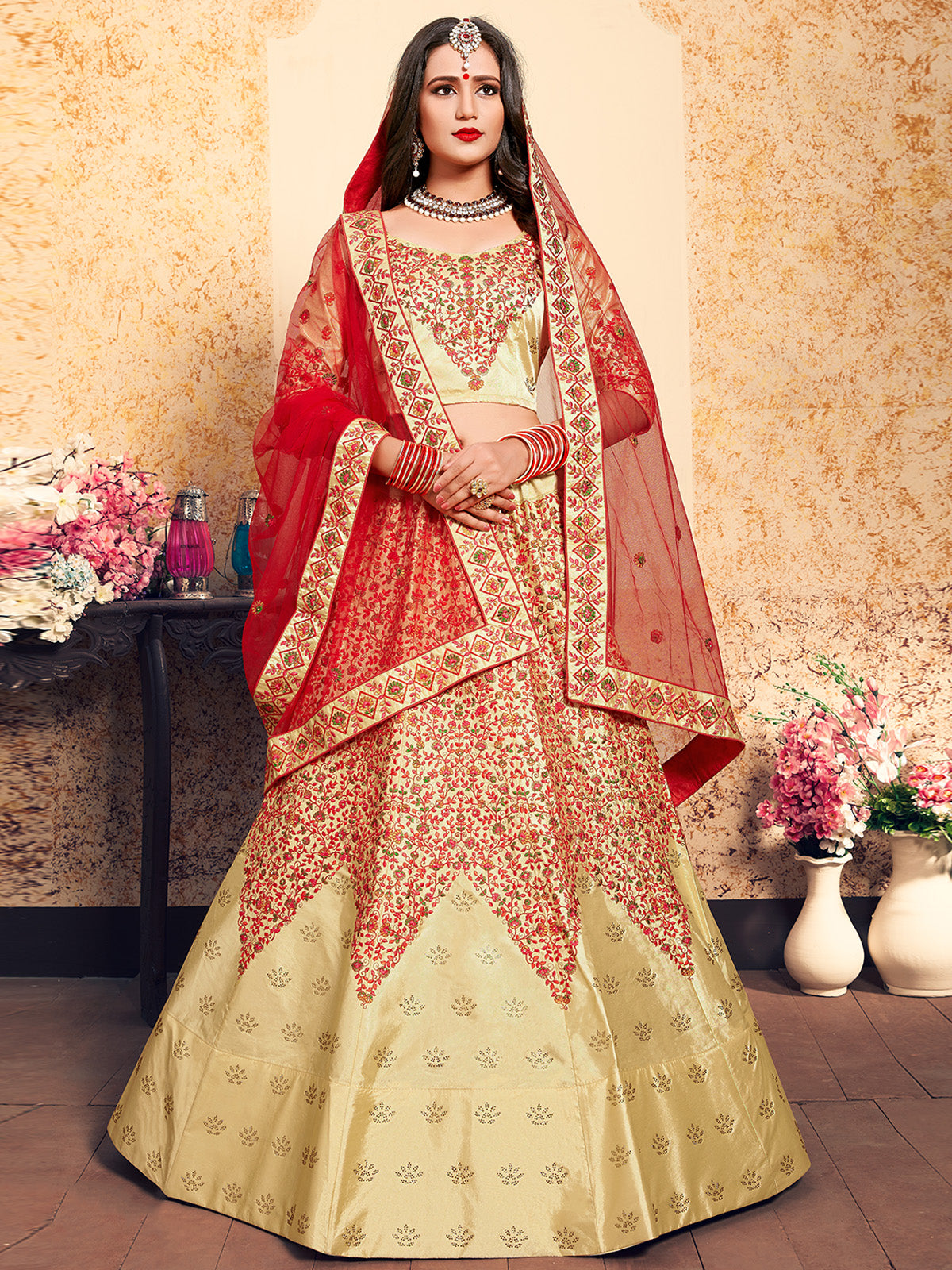 Odette Women Beige Satin Embroidered Semi Stitched Lehenga With Unstitched Blouse