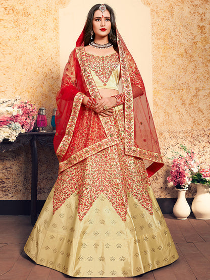 Odette Women Beige Satin Embroidered Semi Stitched Lehenga With Unstitched Blouse