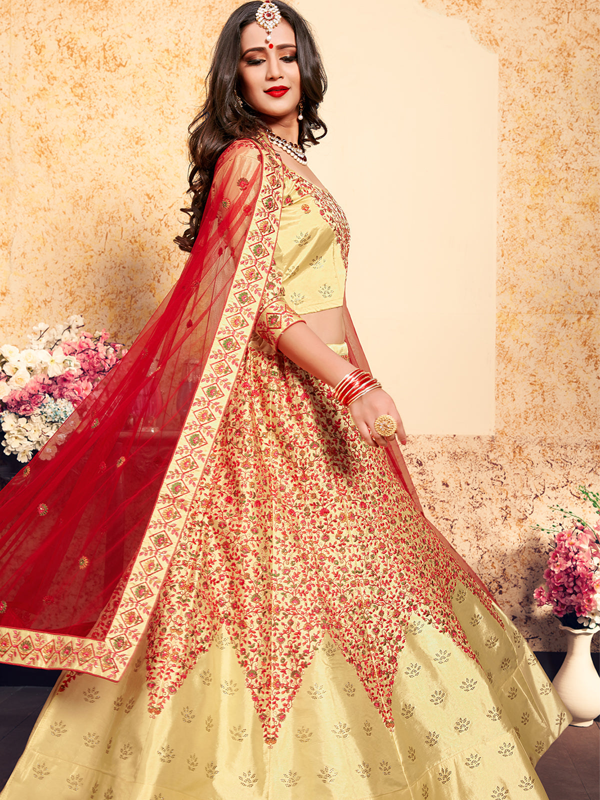Odette Women Beige Satin Embroidered Semi Stitched Lehenga With Unstitched Blouse