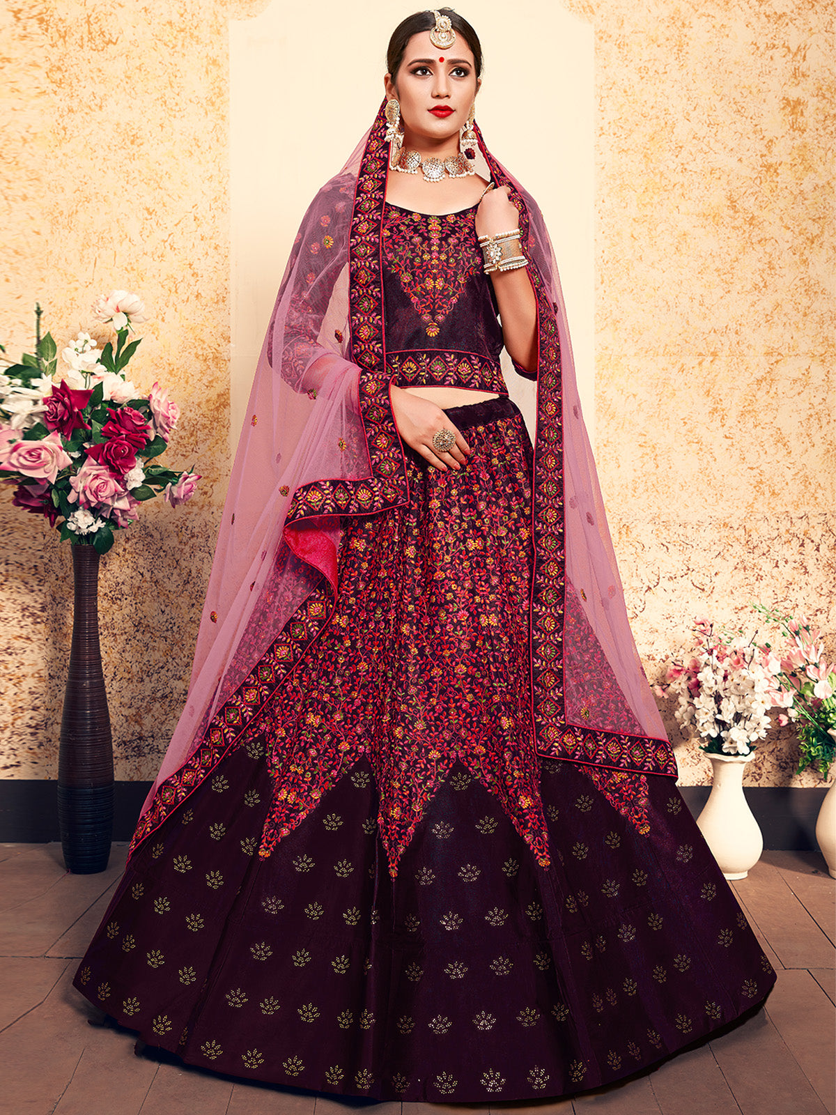 Odette Women Brown Classy Semi Stitched Lehenga With Unstitched Blouse