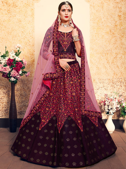 Odette Women Brown Classy Semi Stitched Lehenga With Unstitched Blouse