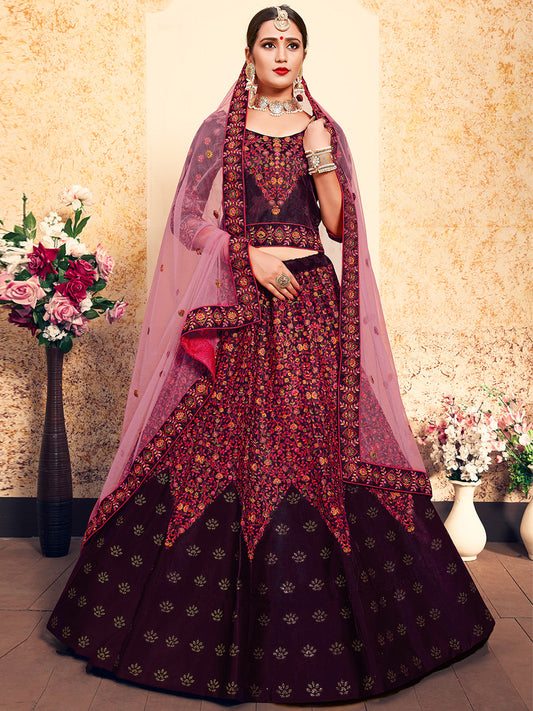 Odette Women Brown Classy Semi Stitched Lehenga With Unstitched Blouse