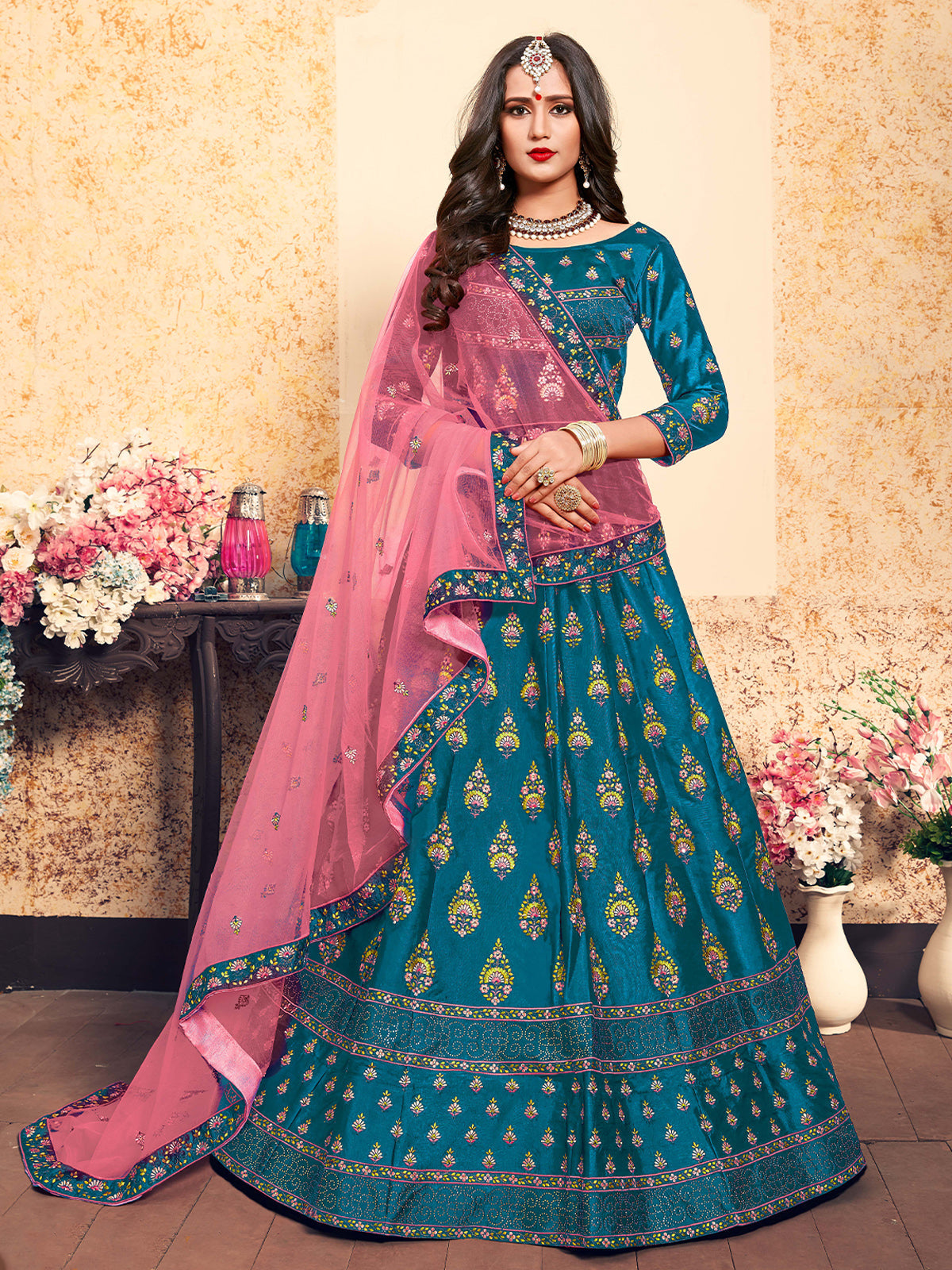 Odette Women Semi Stitched Teal Embroidered Semi Stitched Lehenga With Unstitched Blouse