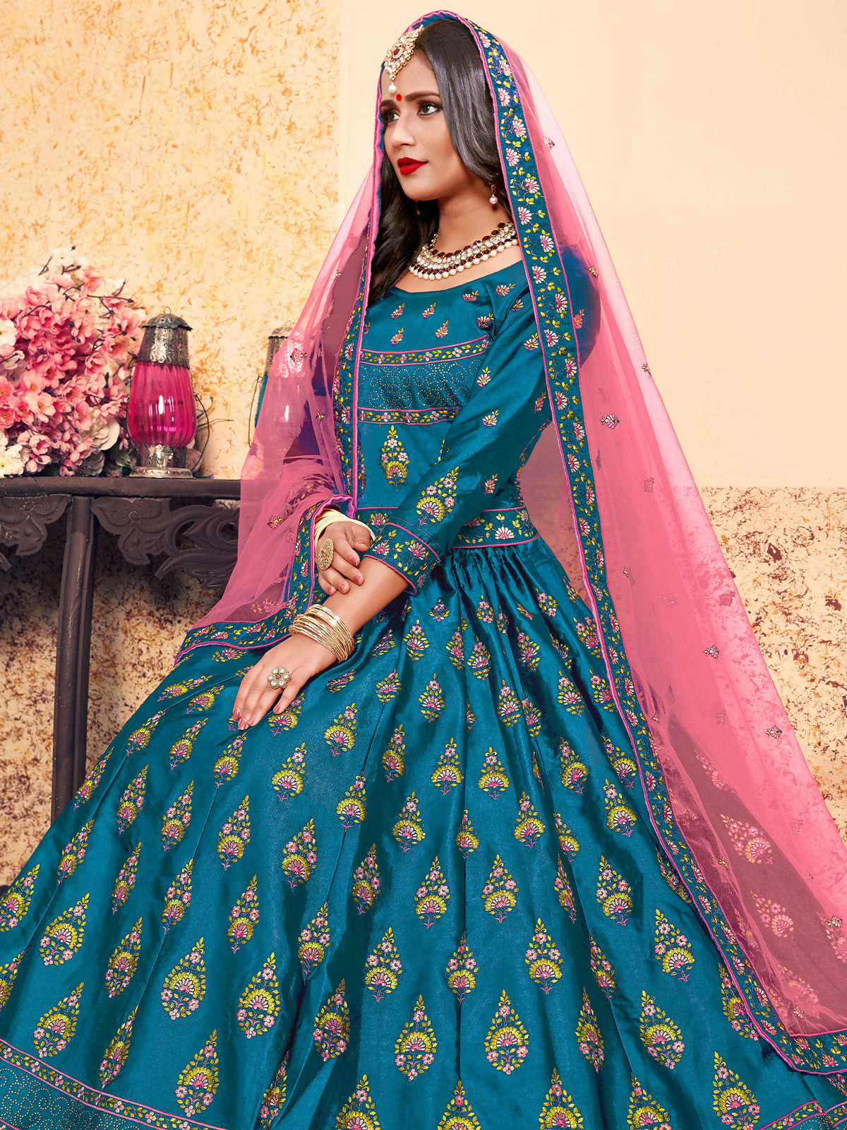 Odette Women Semi Stitched Teal Embroidered Semi Stitched Lehenga With Unstitched Blouse