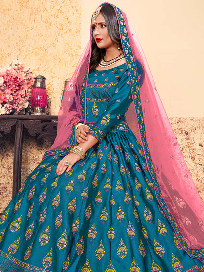 Odette Women Semi Stitched Teal Embroidered Semi Stitched Lehenga With Unstitched Blouse