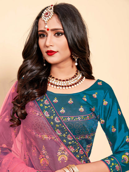 Odette Women Semi Stitched Teal Embroidered Semi Stitched Lehenga With Unstitched Blouse