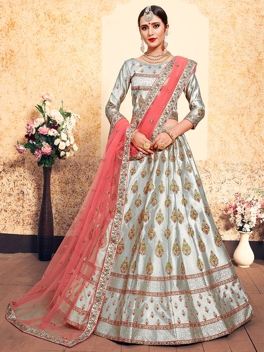 Odette Women Grey Designer Semi Stitched Lehenga With Unstitched Blouse