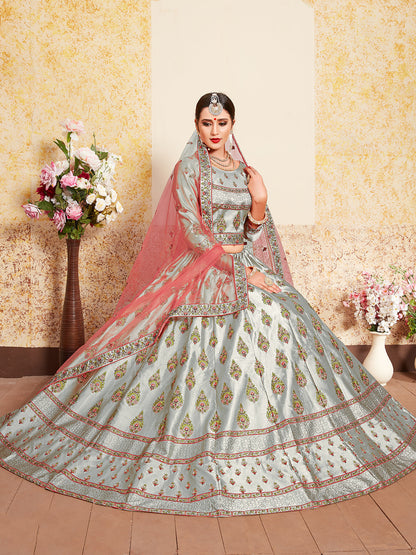 Odette Women Grey Designer Semi Stitched Lehenga With Unstitched Blouse
