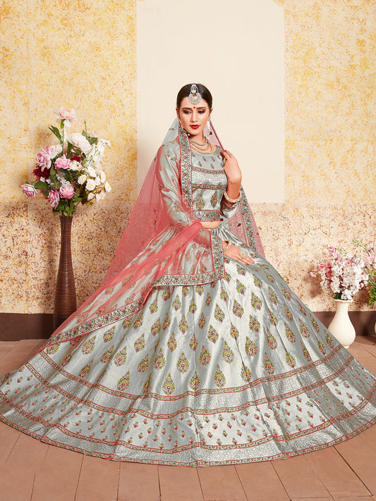 Odette Women Grey Designer Semi Stitched Lehenga With Unstitched Blouse