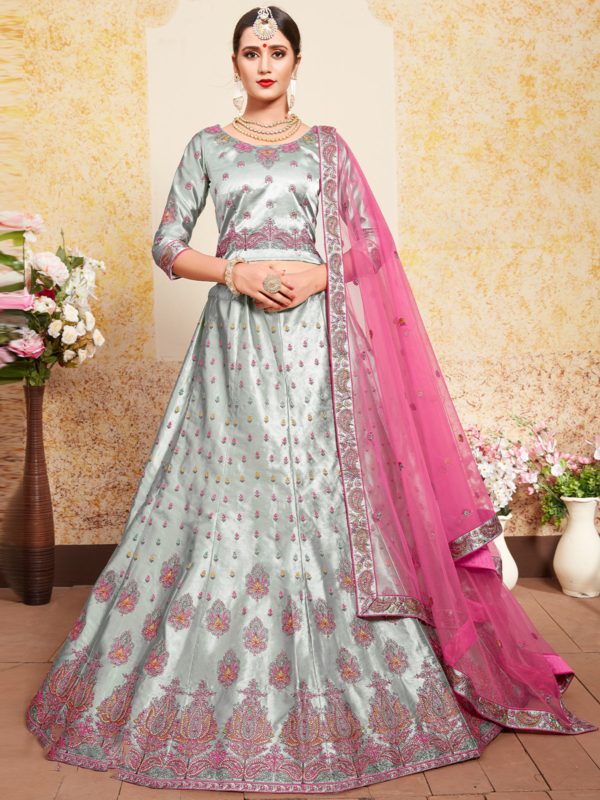 Odette Women Grey Designer Semi Stitched Lehenga With Unstitched Blouse