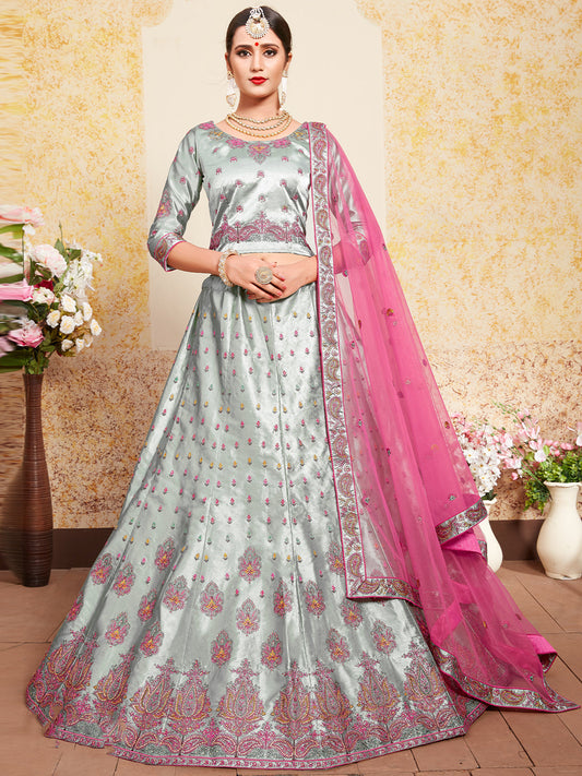 Odette Women Grey Designer Semi Stitched Lehenga With Unstitched Blouse