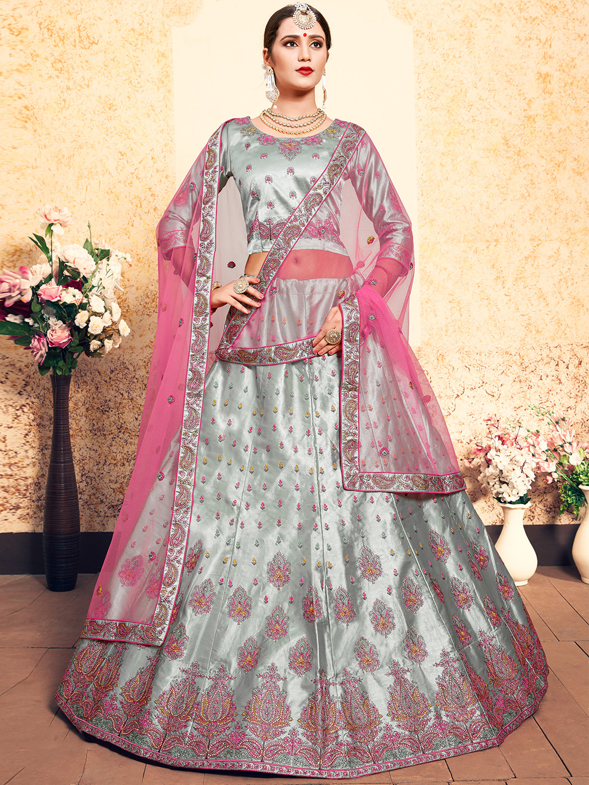 Odette Women Grey Designer Semi Stitched Lehenga With Unstitched Blouse
