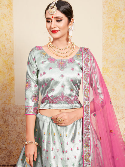 Odette Women Grey Designer Semi Stitched Lehenga With Unstitched Blouse