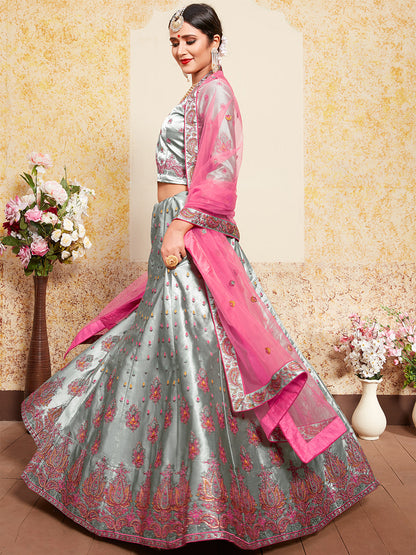 Odette Women Grey Designer Semi Stitched Lehenga With Unstitched Blouse