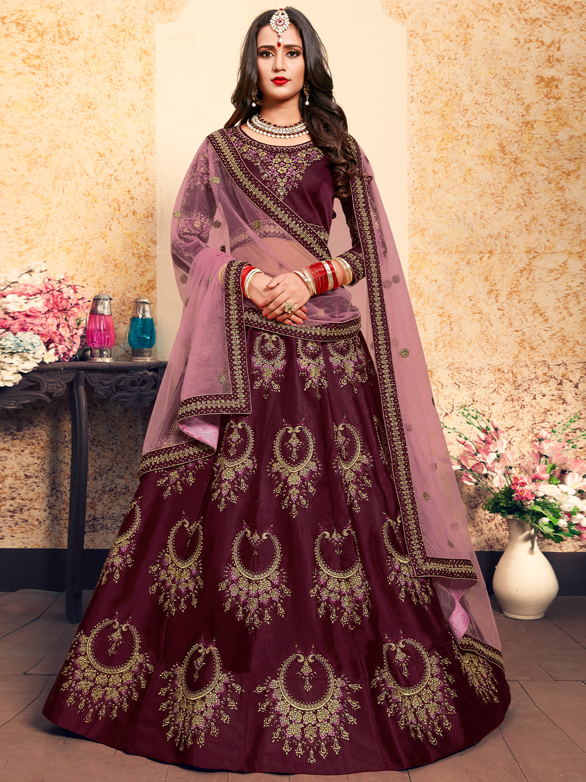 Odette Women Soft Net Maroon Semi Stitched Lehenga With Unstitched Blouse