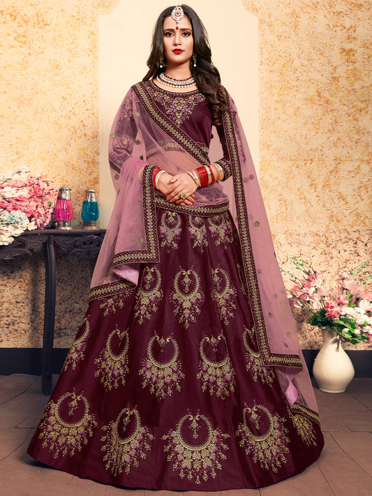 Odette Women Soft Net Maroon Semi Stitched Lehenga With Unstitched Blouse
