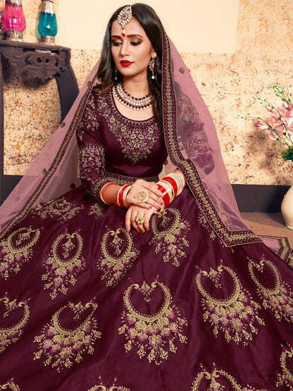Odette Women Soft Net Maroon Semi Stitched Lehenga With Unstitched Blouse