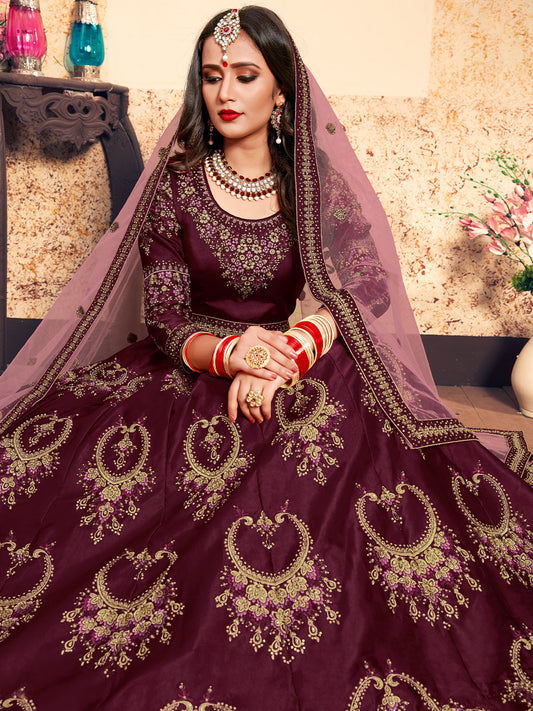 Odette Women Soft Net Maroon Semi Stitched Lehenga With Unstitched Blouse