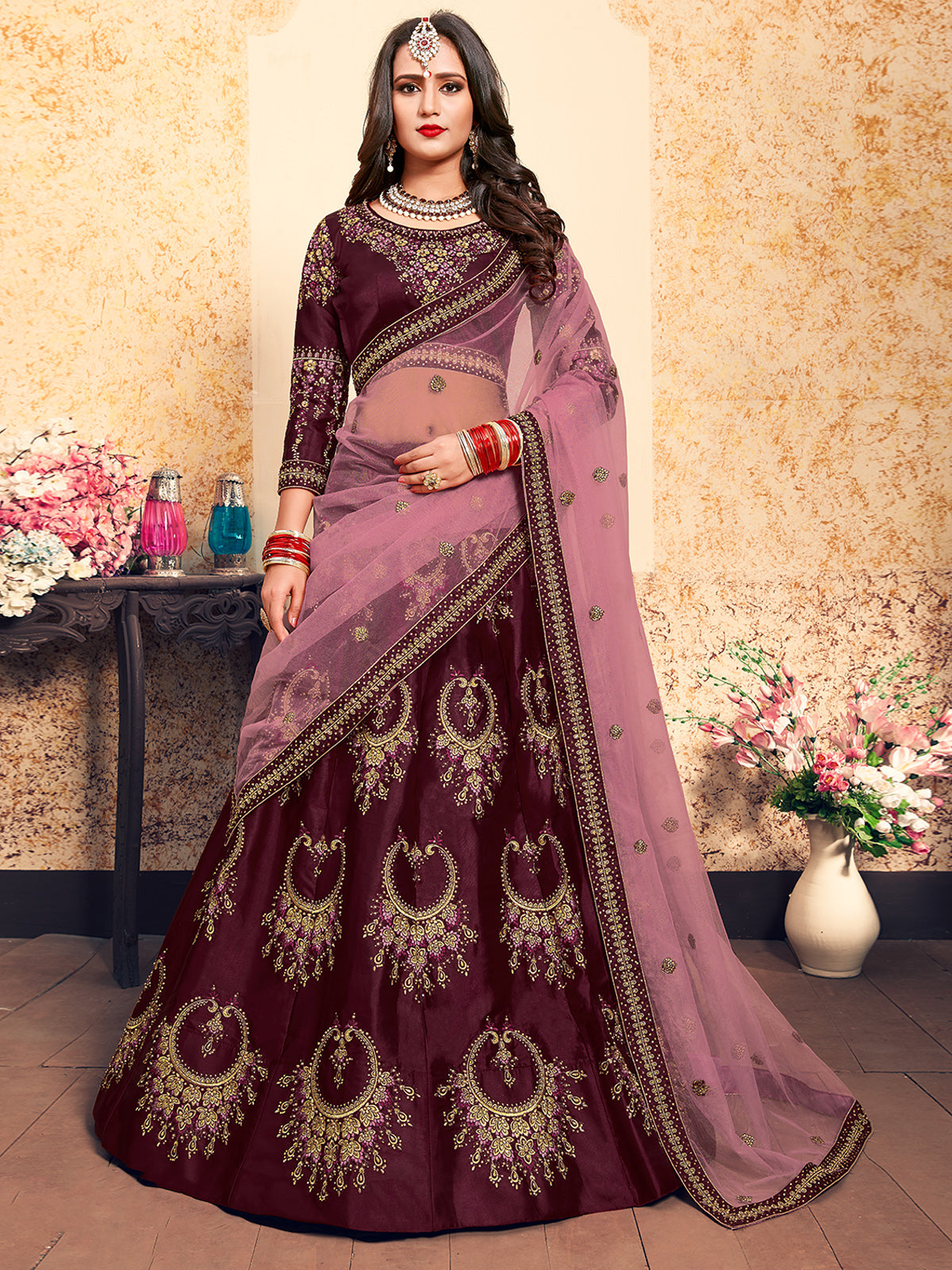Odette Women Soft Net Maroon Semi Stitched Lehenga With Unstitched Blouse