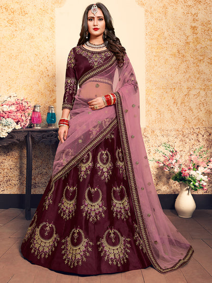Odette Women Soft Net Maroon Semi Stitched Lehenga With Unstitched Blouse