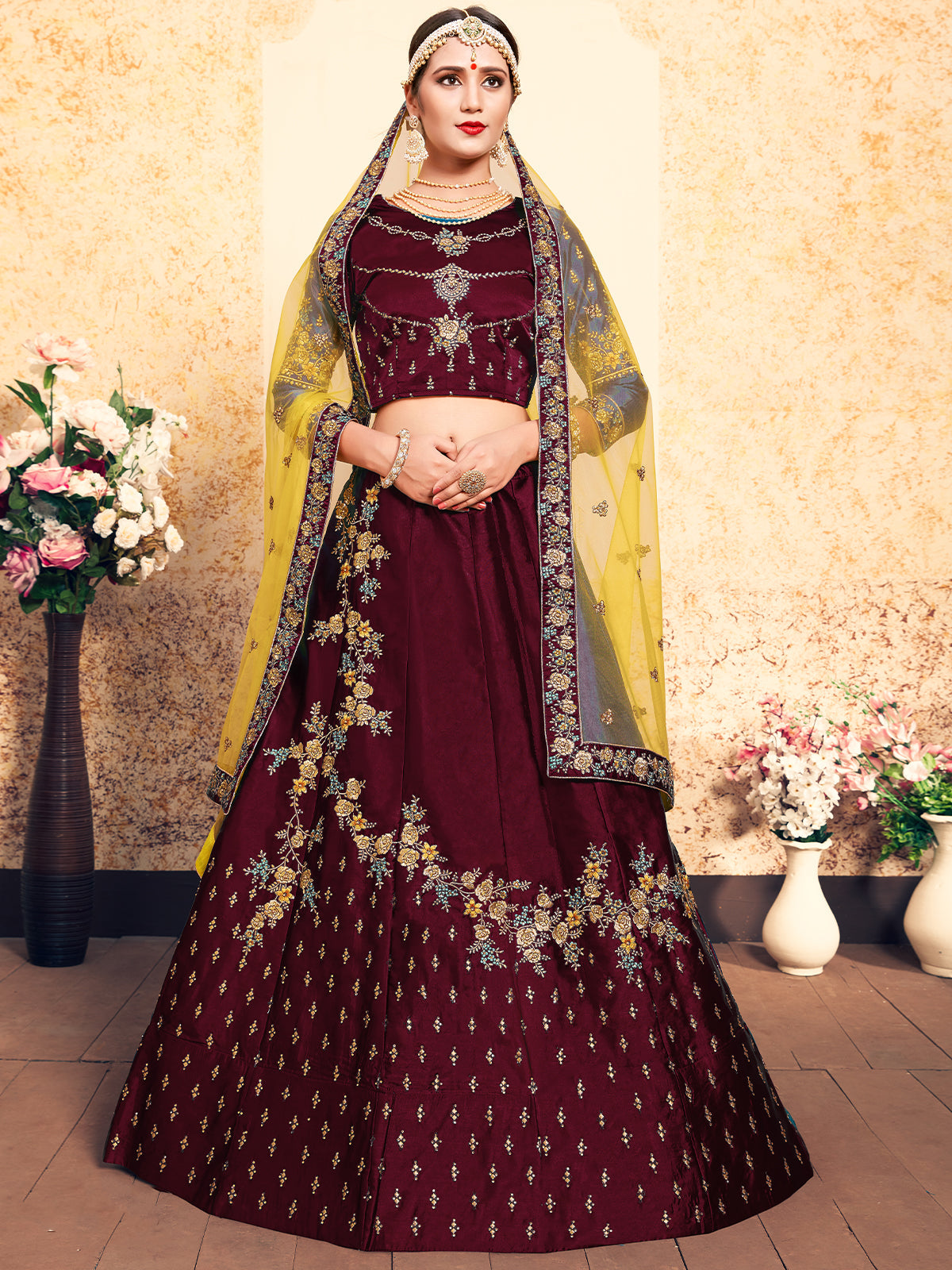 Odette Women Soft Net Maroon Semi Stitched Lehenga With Unstitched Blouse