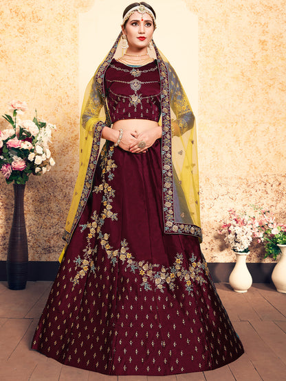 Odette Women Soft Net Maroon Semi Stitched Lehenga With Unstitched Blouse