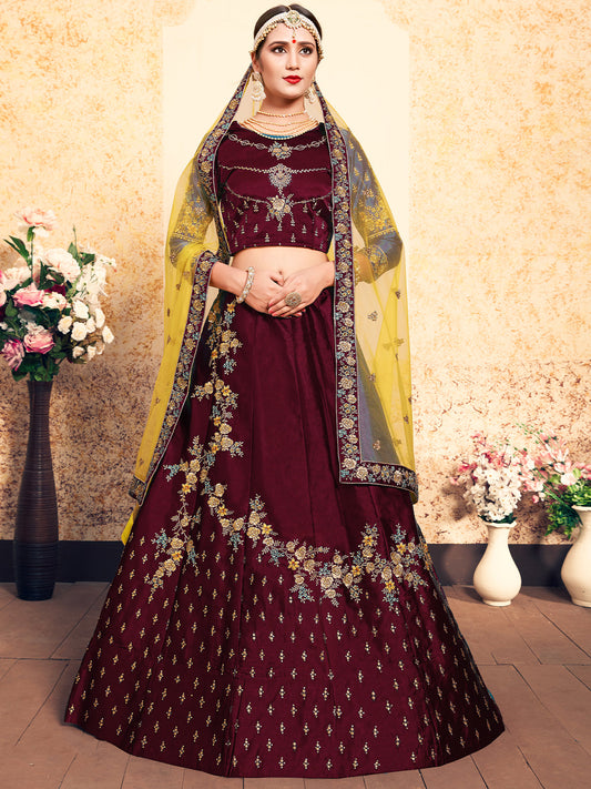 Odette Women Soft Net Maroon Semi Stitched Lehenga With Unstitched Blouse