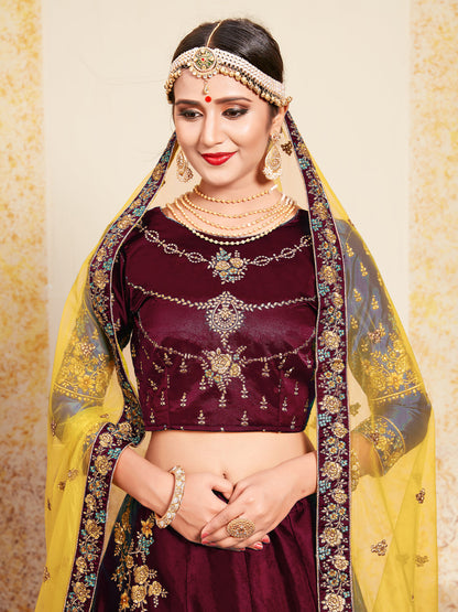 Odette Women Soft Net Maroon Semi Stitched Lehenga With Unstitched Blouse