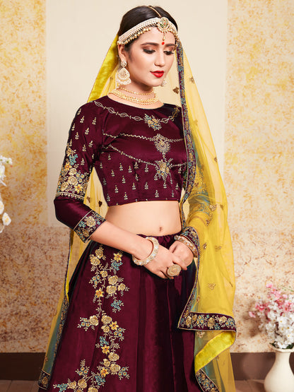 Odette Women Soft Net Maroon Semi Stitched Lehenga With Unstitched Blouse