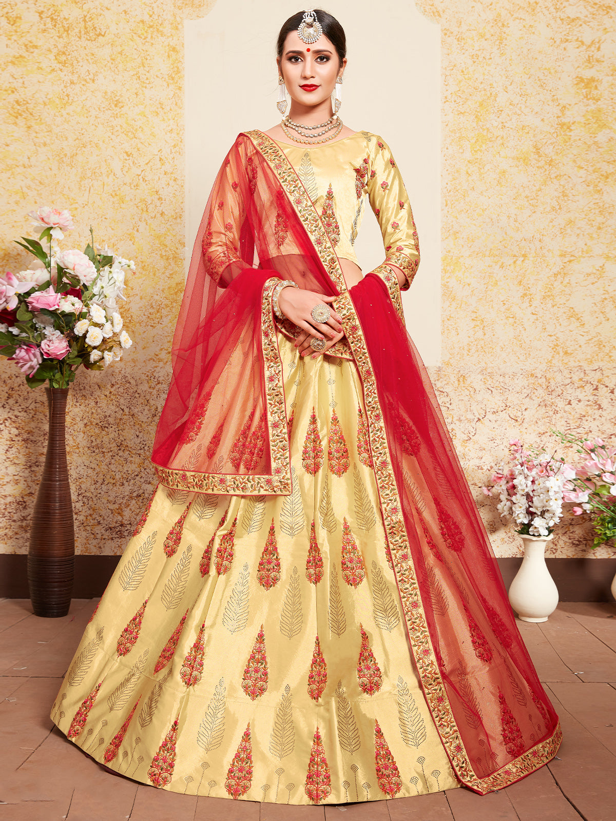 Odette Women Beige Stunning Semi Stitched Lehenga With Unstitched Blouse