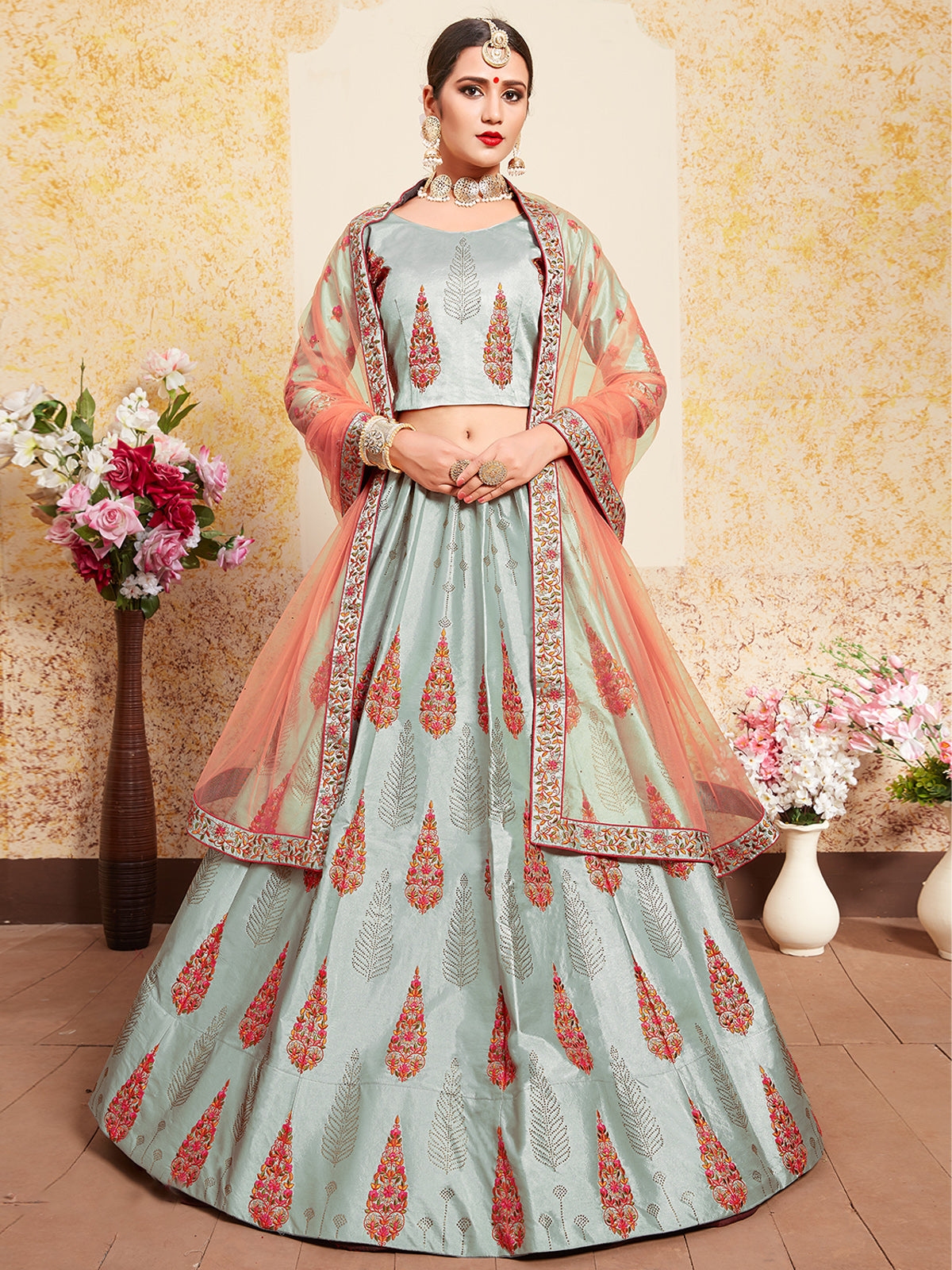 Odette Women Grey Designer Semi Stitched Lehenga With Unstitched Blouse