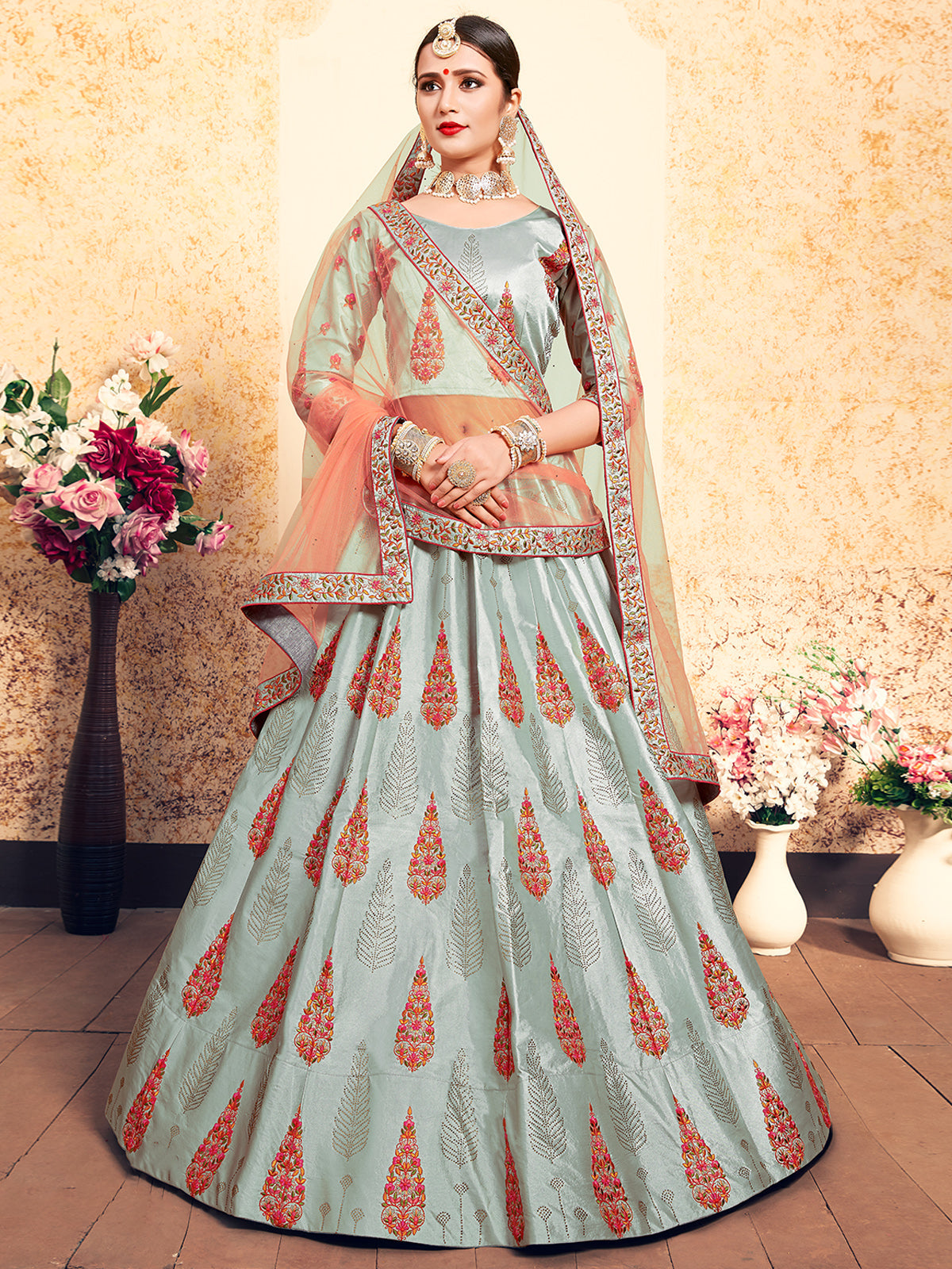 Odette Women Grey Designer Semi Stitched Lehenga With Unstitched Blouse