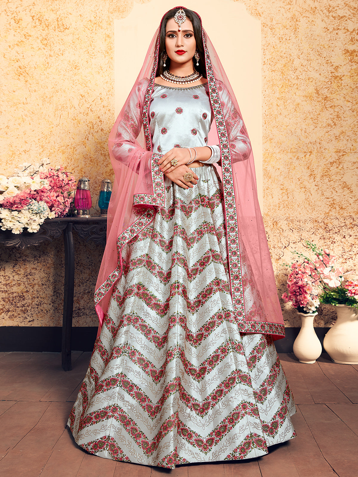 Odette Women Grey Designer Semi Stitched Lehenga With Unstitched Blouse