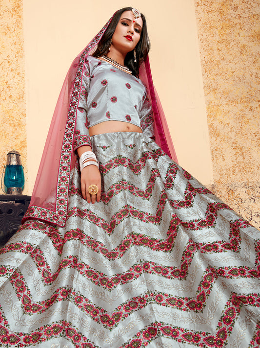 Odette Women Grey Designer Semi Stitched Lehenga With Unstitched Blouse