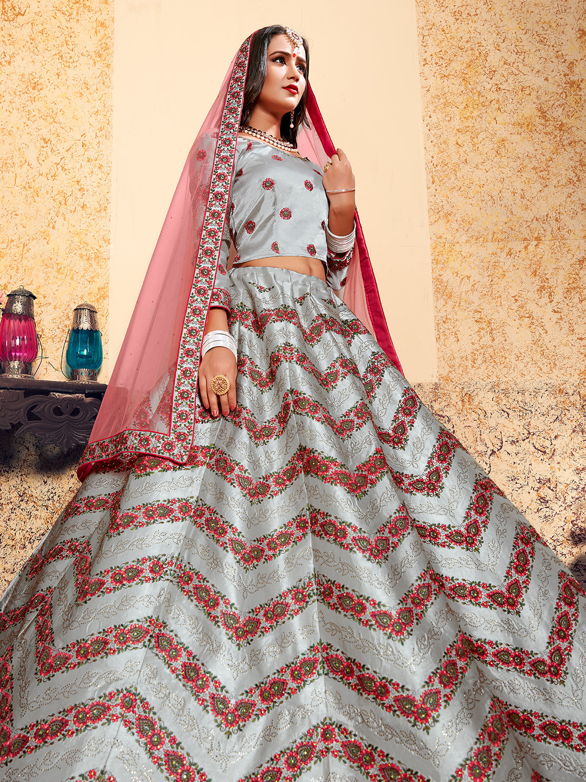 Odette Women Grey Designer Semi Stitched Lehenga With Unstitched Blouse