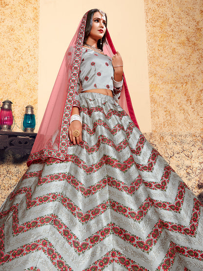 Odette Women Grey Designer Semi Stitched Lehenga With Unstitched Blouse
