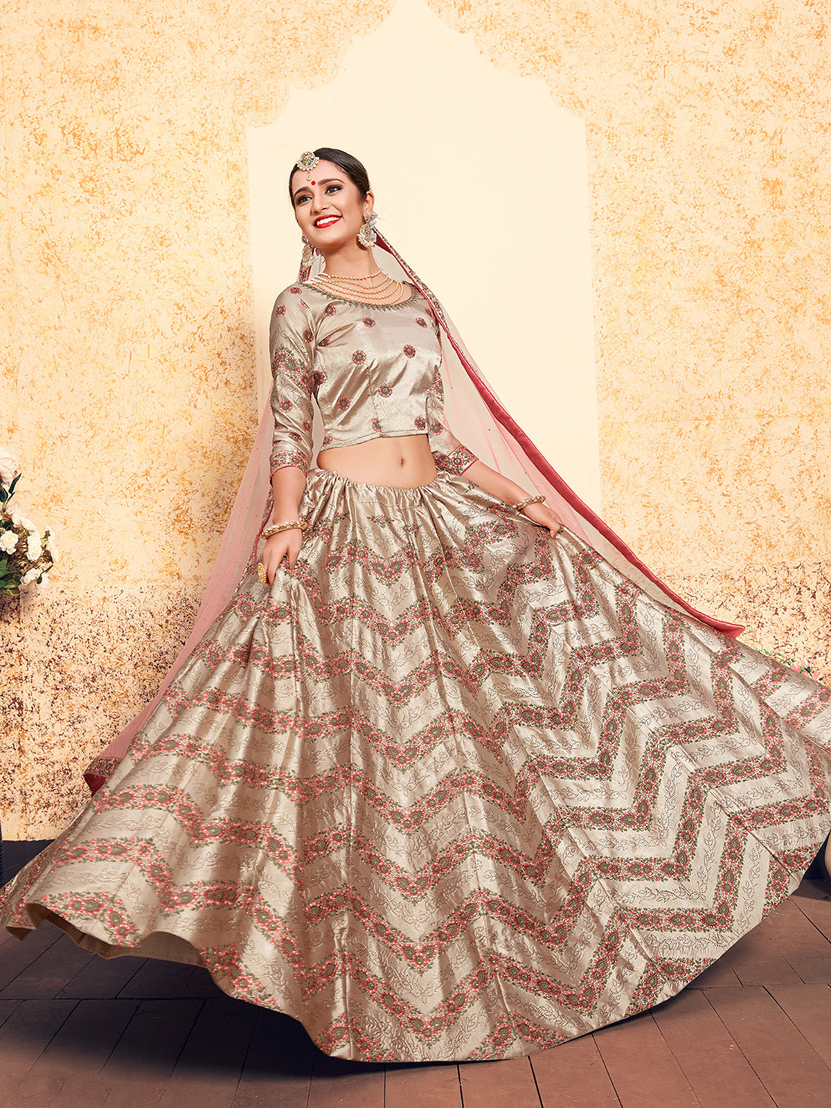 Odette Women Brown Classy Semi Stitched Lehenga With Unstitched Blouse