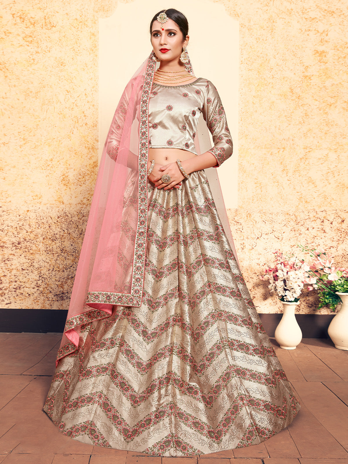 Odette Women Brown Classy Semi Stitched Lehenga With Unstitched Blouse