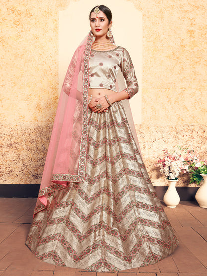 Odette Women Brown Classy Semi Stitched Lehenga With Unstitched Blouse