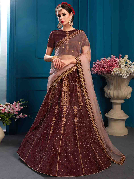 Odette Women Brown Designer Satin Semi Stitched Lehenga With Unstitched Blouse